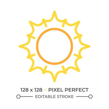 Güneş iki renk çizgisi simgesi. Güneşli havanın ya da yazın sembolü. Gökyüzü açık. Hava durumu. Sıcak günlerin çift renkli ana hatlı sembolü ile ilişkilendirilmiş. Duotone lineer piktogram. İzole bir illüstrasyon. Düzenlenebilir vuruş