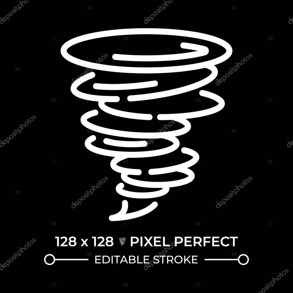 Tornado white linear icon for dark theme. Weather forecast. Swirling wind funnel. Destructive force of nature. Severe weather. Thin line illustration. Isolated symbol for night mode. Editable stroke