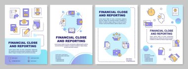 Finansal yakın yönetmelik mavi eğimli broşür. Çizgisel simgeli broşür tasarımı. Sunum için düzenlenebilir 4 vektör düzeni, yıllık raporlar. Kullanılan Arial-Kalın, Myriad Pro-Normal yazı tipleri