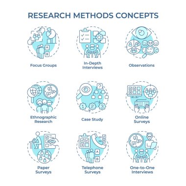 Araştırma yöntemleri yumuşak mavi konsept simgeleri. Veri toplama, inceleme. Pazarlama stratejisi. Simge paketi. Vektör görüntüleri. Bilgi ve sunum için yuvarlak şekilli çizimler. Soyut fikir