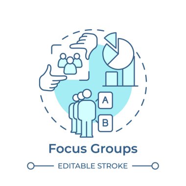 Odak grupları yumuşak mavi konsept simgesi. Hedef kitle, katılımcılar. Pazarlama, istatistik. Yuvarlak şekil çizimi. Soyut bir fikir. Grafik tasarımı. Bilgide ve sunumda kullanması kolay