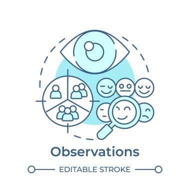 Gözlemler yumuşak mavi konsept simgesi. Araştırma metodu. Pazarlama, seyirci. Yuvarlak şekil çizimi. Soyut bir fikir. Grafik tasarımı. Bilgide ve sunumda kullanması kolay