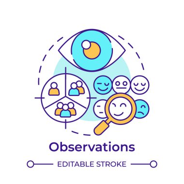 Gözlemler çok renkli konsept simgesi. Araştırma metodu. Pazarlama, seyirci. Yuvarlak şekil çizimi. Soyut bir fikir. Grafik tasarımı. Bilgide ve sunumda kullanması kolay
