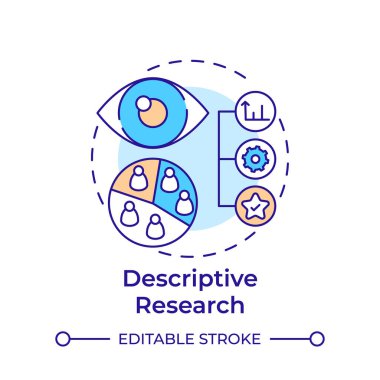 Tanımlayıcı araştırma çok renkli konsept simgesi. İstatistiksel ölçüler, piyasa. İzleme, kontrol. Yuvarlak şekil çizimi. Soyut bir fikir. Grafik tasarımı. Bilgide ve sunumda kullanması kolay