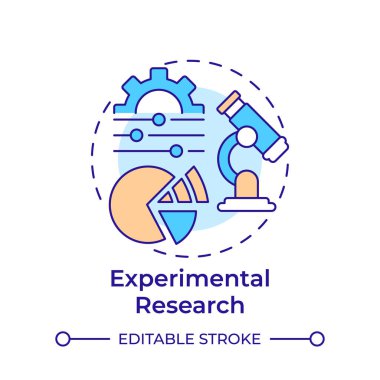 Deneysel araştırma çok renkli konsept simgesi. Laboratuvar ekipmanları. Eğitim, teknoloji. Yuvarlak şekil çizimi. Soyut bir fikir. Grafik tasarımı. Bilgide ve sunumda kullanması kolay