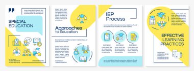 Özel eğitim mavi ve sarı broşür. Öğrenme yöntemleri. Çizgisel simgeli broşür tasarımı. Düzenlenebilir 4 vektör düzeni sunumu, yıllık raporlar. Questrial, Lato-Düzenli yazı tipleri