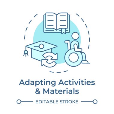 Etkinlikler ve malzemeler yumuşak mavi konsept simgesi uyarlanıyor. Özel ihtiyaçları olan öğrenciler için eğitici malzemeler. Yuvarlak şekil çizimi. Soyut bir fikir. Grafik tasarımı. Makalede kullanması kolay