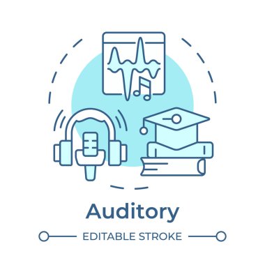 İşitsel öğrenenler yumuşak mavi konsept simgesi. Dinleyerek bilgiyi özümsemek. Özel okul eğitimi. Yuvarlak şekil çizimi. Soyut bir fikir. Grafik tasarımı. Makalede kullanması kolay