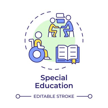 Özel eğitim çok renkli konsept ikonu. Özürlü öğrencilerin ihtiyaçları da dahil. Öğrenme konusunda destek. Yuvarlak şekil çizimi. Soyut bir fikir. Grafik tasarımı. Makalede kullanması kolay