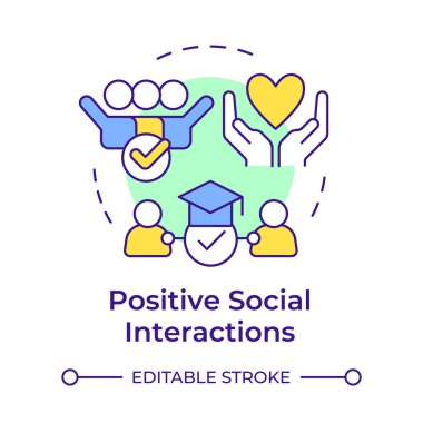 Pozitif sosyal etkileşimler çok renkli konsept simgesi. Öğrenciler arasında özel anlamlı iletişim. Yuvarlak şekil çizimi. Soyut bir fikir. Grafik tasarımı. Makalede kullanması kolay