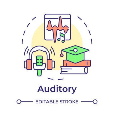 İşitsel öğrenenler çok renkli konsept simgesi. Dinleyerek bilgiyi özümsemek. Özel okul eğitimi. Yuvarlak şekil çizimi. Soyut bir fikir. Grafik tasarımı. Makalede kullanması kolay