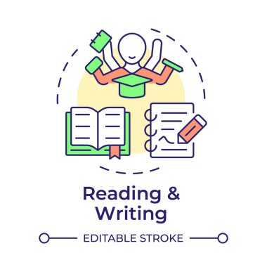 Okuma ve yazma çok renkli konsept simgesi. Ders kitapları ve makalelerle ders çalışmak. Eğitim fırsatları. Yuvarlak şekil çizimi. Soyut bir fikir. Grafik tasarımı. Makalede kullanması kolay