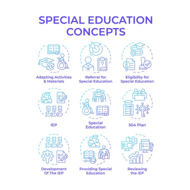 Özel eğitim mavi gradyan konsept simgeleri. Okuldaki öğrenciler için özel sınıflar. Bütünleşik öğrenme programları. Simge paketi. Vektör görüntüleri. Makaleler için yuvarlak şekilli çizimler. Soyut fikir