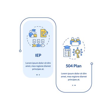 IEP ve 504 planı dikdörtgen bilgi vektörü. Devlet okulları için özel eğitici programlar. Veri görselleştirmesi 2 adımda. Düzenlenebilir dikdörtgen seçenekler çizelgesi. Kullanılan Lato Kalın, Düzenli yazı tipleri