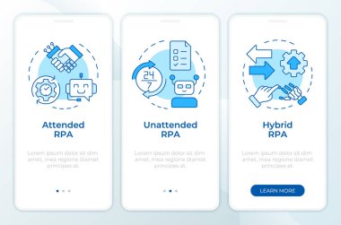 RPA, mobil uygulama ekranında mavi yazıyor. Sistem otomasyonu, doğrusal kavramlarla düzenlenebilir grafik yönergelerini üç adımda gözden geçirir. UI, UX, GUI şablonu. Montserrat Yarı Kalın, Düzenli yazı tipleri