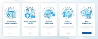 Mavi RPA 'nın mobil uygulama ekranındaki faydaları. Robotlaştırma 5 adım boyunca doğrusal kavramlarla düzenlenebilir grafik talimatları. UI, UX, GUI şablonu. Montserrat Yarı Kalın, Düzenli yazı tipleri