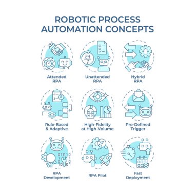 Robotik işlem otomasyonu yumuşak mavi konsept simgeleri. Dijitalleştirme teknolojisini çalıştırıyor. RPA faydaları. Simge paketi. Vektör görüntüleri. Sunum için yuvarlak şekilli çizimler. Soyut fikir