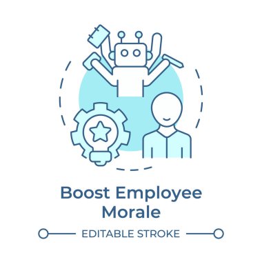 Çalışanların moralini yükseltiyorum. Yumuşak mavi kavram ikonu. İşçilerin tükenmesini azaltmak için rutin görevler için robotlar kullanıyorlar. Yuvarlak şekil çizimi. Soyut bir fikir. Grafik tasarımı. Makalede kullanması kolay