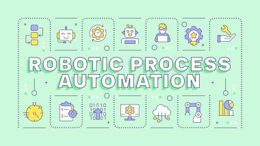 Robotik işlem otomasyonu açık yeşil kelime kavramı. Görevleri optimize etmek için robotlar kullanılıyor. Tipografi afişi. Başlık metniyle vektör illüstrasyonu, düzenlenebilir simge rengi. İnbot Sans yazı tipi kullanıldı