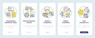 Gezici uygulama ekranında RPA 'nın faydaları. Robotlaştırma 5 adım boyunca doğrusal kavramlarla düzenlenebilir grafik talimatları. UI, UX, GUI şablonu. Montserrat Yarı Kalın, Düzenli yazı tipleri
