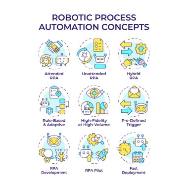 Robotik işlem otomasyonu çok renkli konsept simgeleri. Dijitalleştirme teknolojisini çalıştırıyor. RPA faydaları. Simge paketi. Vektör görüntüleri. Sunum için yuvarlak şekilli çizimler. Soyut fikir