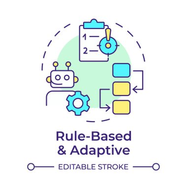 Kural tabanlı ve uyarlanabilir RPA çok renkli konsept simgesi. Çalışma süreçlerini robotlaştırıyorum. Fütürist teknoloji. Yuvarlak şekil çizimi. Soyut bir fikir. Grafik tasarımı. Makalede kullanması kolay