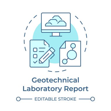 Jeoteknik laboratuarı yumuşak mavi konsept ikonu rapor ediyor. Toprak ve kaya üzerindeki veri analizi. Jeoteknoloji araştırması. Yuvarlak şekil çizimi. Soyut bir fikir. Grafik tasarımı. Sunumda kullanması kolay