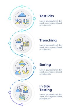 Coğrafi testler, dikey bilgi dizisi. Jeodezik araştırmada toprak ve kaya keşfi. 4 adımlı görselleştirme bilgi tablosu. Daireler iş akışı. Montserrat Yarı Kalın, Lato Düzenli yazı tipleri