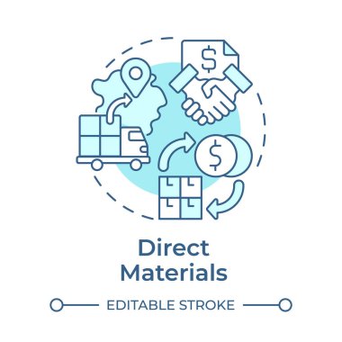 Doğrudan malzemeler açık mavi konsept simgesi. Üretim maliyetleri. Kaynak, üretim aşamasında ulaşım. Yuvarlak şekil çizimi. Soyut bir fikir. Grafik tasarımı. Makalede kullanması kolay