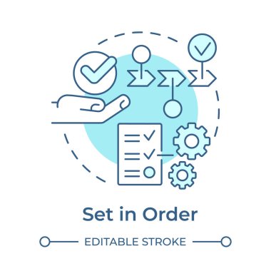 Açık mavi konsept simgesine göre ayarlayın. 5S metodoloji. Eşyaları düzenleyin. Verimli iş akışı. Organizasyon. Yuvarlak şekil çizimi. Soyut bir fikir. Grafik tasarımı. Makalede kullanması kolay