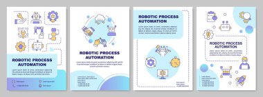 Robotik işlem otomasyonu mavi daire broşürü. RPA yenilikçi çözümler. Çizgisel simgeli broşür tasarımı. Düzenlenebilir 4 vektör düzeni. Kullanılan Arial-Kalın, Myriad Pro-Normal yazı tipleri