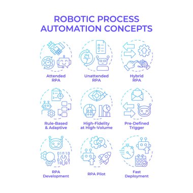 Robotik işlem otomasyonu mavi gradyan konsept simgeleri. Dijitalleştirme teknolojisini çalıştırıyor. RPA faydaları. Simge paketi. Vektör görüntüleri. Sunum için yuvarlak şekilli çizimler. Soyut fikir