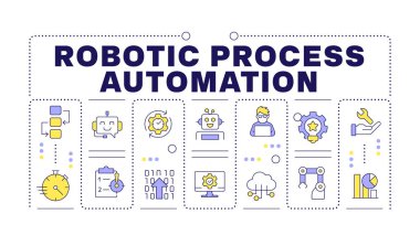 Robotik işlem otomasyon kelimesi konsepti beyaza izole edildi. Görevleri optimize etmek için robotlar kullanılıyor. Düzenlenebilir renkli çizgi simgeleriyle çevrili yaratıcı illüstrasyon afişi. İnbot Sans yazı tipi kullanıldı