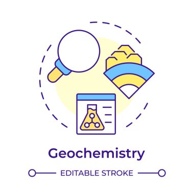 Jeokimya çok renkli konsept simgesi. Jeolojik sistem keşfi. Toprak durumu değerlendirmesi. Yuvarlak şekil çizimi. Soyut bir fikir. Grafik tasarımı. Sunumda kullanması kolay