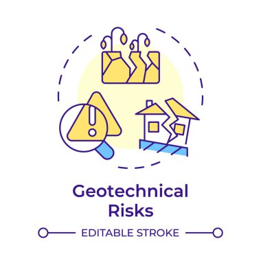 Coğrafi risk çok renkli konsept ikonu. Toprak, kaya ve yeraltı sularıyla ilgili potansiyel tehlikeler. Yuvarlak şekil çizimi. Soyut bir fikir. Grafik tasarımı. Sunumda kullanması kolay