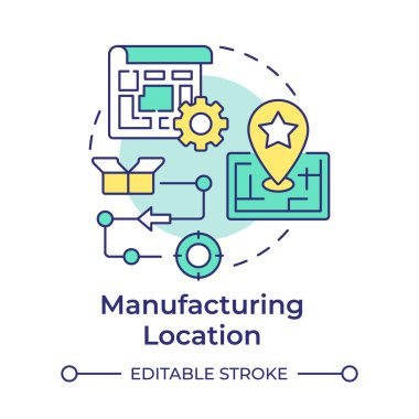 Konum çok renkli konsept ikonu üretiliyor. Kontrat fabrikasını seçiyorum. Lojistik planlama. Yuvarlak şekil çizimi. Soyut bir fikir. Grafik tasarımı. Makalede kullanması kolay