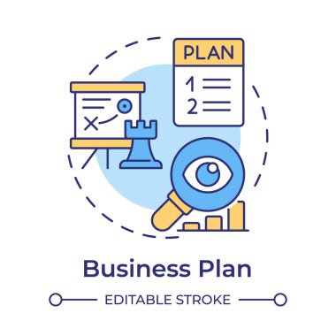 İş planı çok renkli konsept simgesi. Üretime başlayın. Piyasa analizi ve finansal tahminler. Yuvarlak şekil çizimi. Soyut bir fikir. Grafik tasarımı. Makalede kullanması kolay