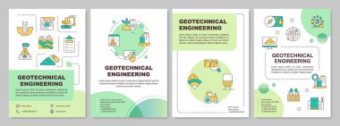 Jeoteknik mühendisliği yeşil daire broşürü. Zemin inceleme teknolojisi. Çizgisel simgeli broşür tasarımı. Düzenlenebilir 4 vektör düzeni. Kullanılan Arial-Kalın, Myriad Pro-Normal yazı tipleri