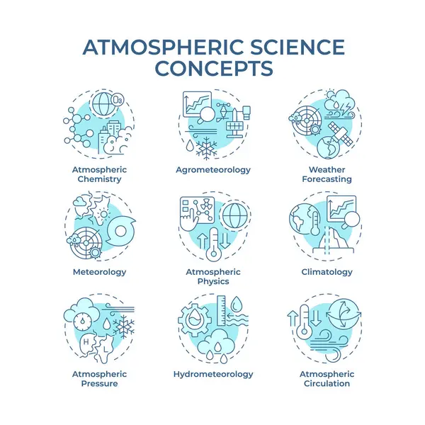 Atmosfer bilimleri yumuşak mavi konsept simgeleri. Hava olaylarının örüntüleri inceleniyor. Meteoroloji tahminleri. Simge paketi. Vektör görüntüleri. Makale için yuvarlak şekilli çizimler. Soyut fikir