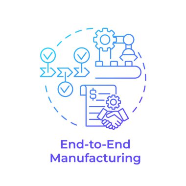 Sondan uca mavi gradyan konsept ikonu üretiyor. Üretim sürecinden teslimata kadar. Üretim hattı. Yuvarlak şekil çizimi. Soyut bir fikir. Grafik tasarımı. Makalede kullanması kolay