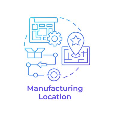 Konum mavi gradyan konsept simgesi üretiliyor. Kontrat fabrikasını seçiyorum. Lojistik planlama. Yuvarlak şekil çizimi. Soyut bir fikir. Grafik tasarımı. Makalede kullanması kolay