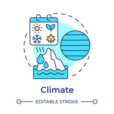 İklim çok renkli konsept simgesi. Belirli bir bölgede uzun vadeli hava koşulları. Meteoroloji bilimi araştırması. Yuvarlak şekil çizimi. Soyut bir fikir. Grafik tasarımı. Makalede kullanması kolay