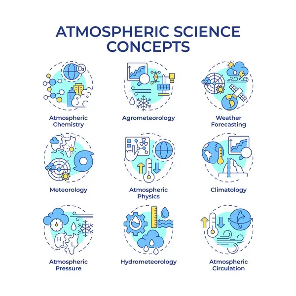 Atmosfer bilimleri çok renkli konsept simgeleri. Hava olaylarının örüntüleri inceleniyor. Meteoroloji tahminleri. Simge paketi. Vektör görüntüleri. Makale için yuvarlak şekilli çizimler. Soyut fikir