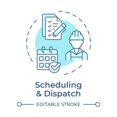 Yumuşak mavi konsept simgesi ayarlanıyor ve gönderiliyor. FSM 'nin anahtar bileşeni. Saha servisi yönetimi. Yuvarlak şekil çizimi. Soyut bir fikir. Grafik tasarımı. Makalede kullanması kolay 