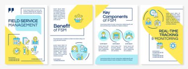Saha yönetimi sarı ve mavi broşür. FMS sistemi. Gerçek zamanlı izleme. Çizgisel simgeli broşür tasarımı. Düzenlenebilir 4 vektör düzeni. Questrial, Lato-Düzenli yazı tipleri