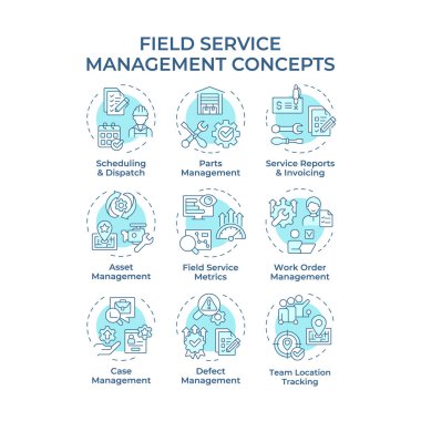 Saha yönetimi yumuşak mavi konsept simgeleri. FSM operasyonlarında optimizasyon. İş gücü, ekipman, varlık yönetimi. Simge paketi. Vektör görüntüleri. Yuvarlak şekilli çizimler. Soyut fikir