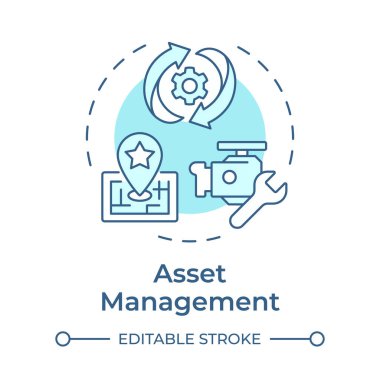 Varlık yönetimi yumuşak mavi konsept simgesi. İzleme, bakım. FMS 'in temel özelliği. Saha servisi yönetimi. Yuvarlak şekil çizimi. Soyut bir fikir. Grafik tasarımı. Makalede kullanması kolay 