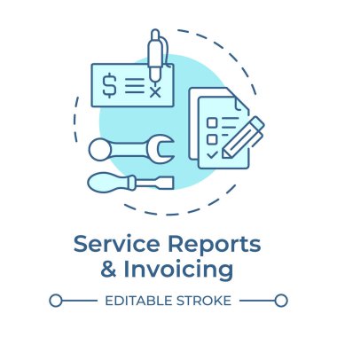 Servis raporları ve yumuşak mavi konsept ikonu faturası. FSM 'nin anahtar bileşeni. Saha servisi yönetimi. Yuvarlak şekil çizimi. Soyut bir fikir. Grafik tasarımı. Makalede kullanması kolay 