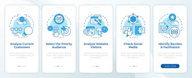 Seyirci analizini mobil uygulama ekranında yapın. Doğrusal kavramlarla düzenlenebilir grafik yönergelerini 5 adımda gezdir. UI, UX, GUI şablonu. Montserrat Yarı Kalın, Düzenli yazı tipleri