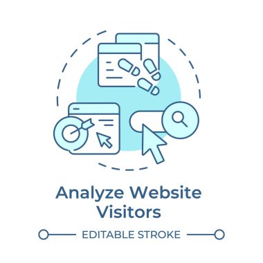 Web sitesi ziyaretçilerinin yumuşak mavi konsept simgelerini analiz et. Çevrimiçi müşterilerin davranış ve nüfus grafikleri. Yuvarlak şekil çizimi. Soyut bir fikir. Grafik tasarımı. Sunumda kullanması kolay